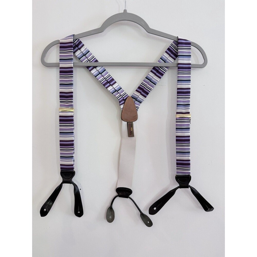 Vintage Trafalgar Made in England Y-Back Button Suspenders Purple striped Preppy